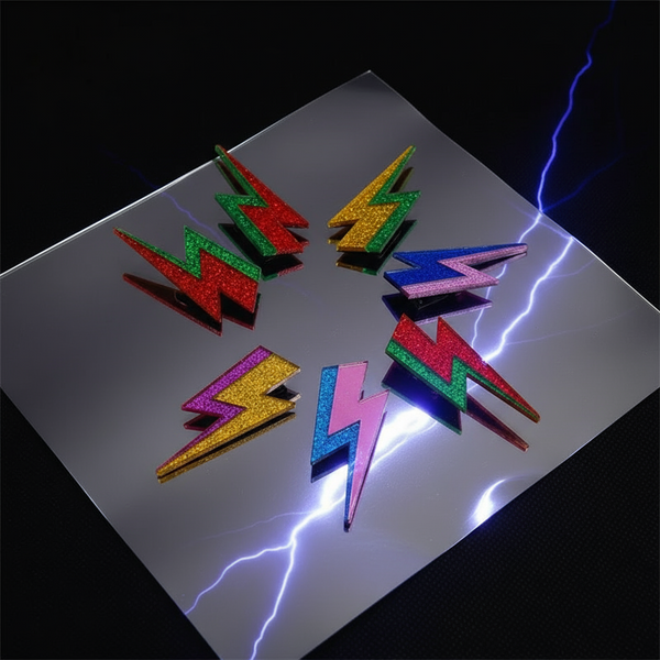 Six glitter lightning-bolt earrings in rainbow colors on a mirrored surface