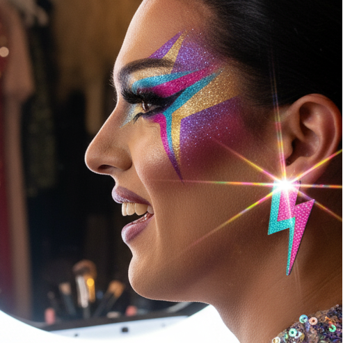 Side-profile close-up of a person wearing a glittery turquoise-and-pink lightning-bolt earring