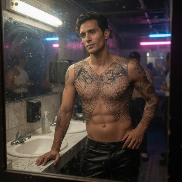Front-view model wearing a silver rhinestone fishnet vest in a neon-lit restroom