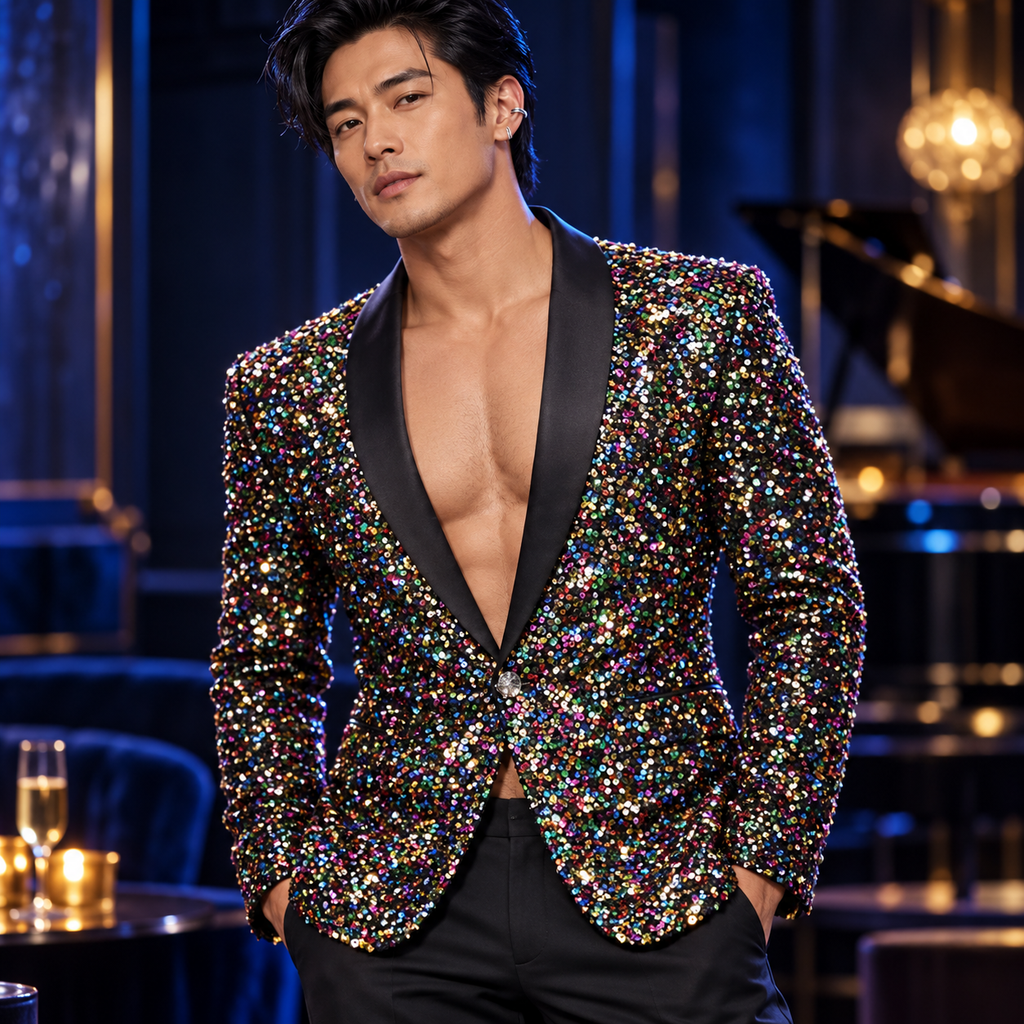 Glitter Spectrum Sparkle Night Club Men's Jacket; close-up editorial.