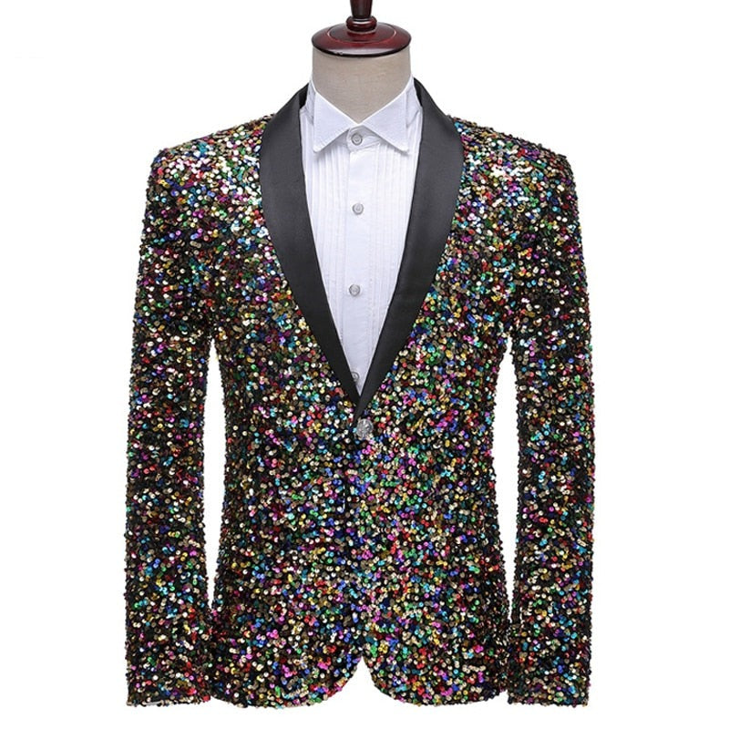 Front-facing black tuxedo jacket densely covered in multicolored sequins, shown on a mannequin