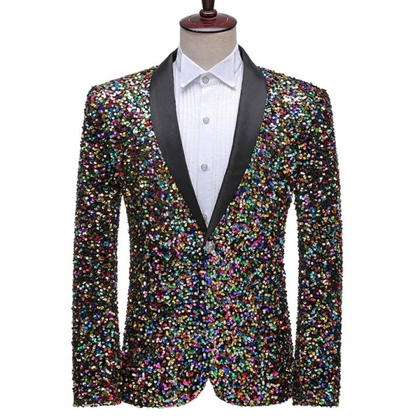 Front-facing black tuxedo jacket densely covered in multicolored sequins, shown on a mannequin