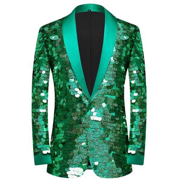 Front-facing green sequin blazer with a bright teal satin shawl lapel