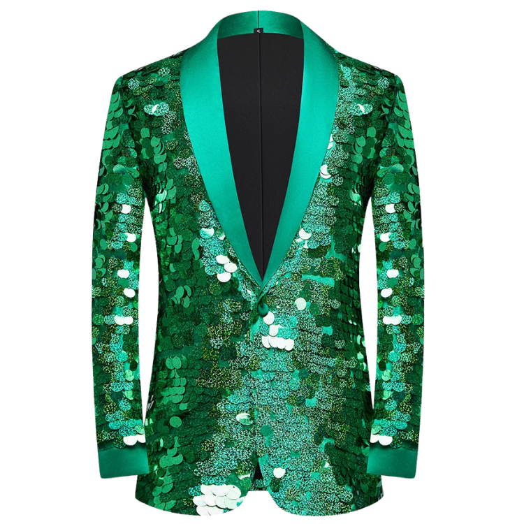 Front-facing green sequin blazer with a bright teal satin shawl lapel