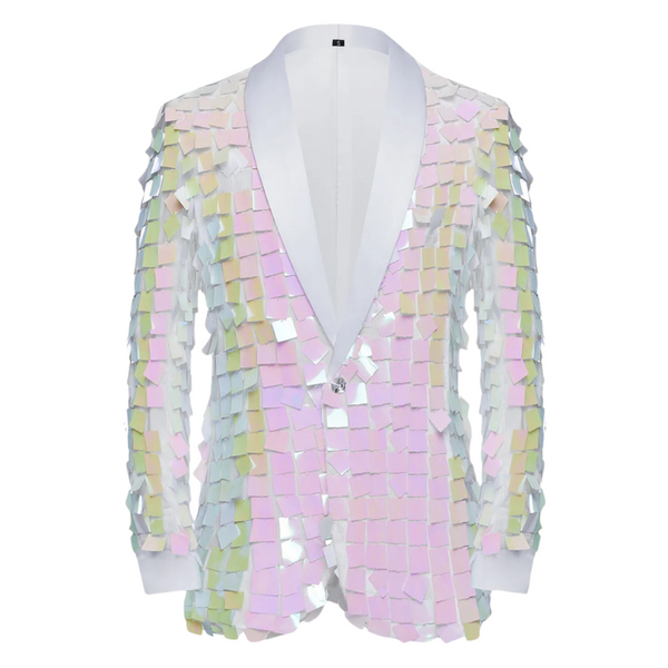Front view of an iridescent pastel sequin jacket with a deep shawl collar