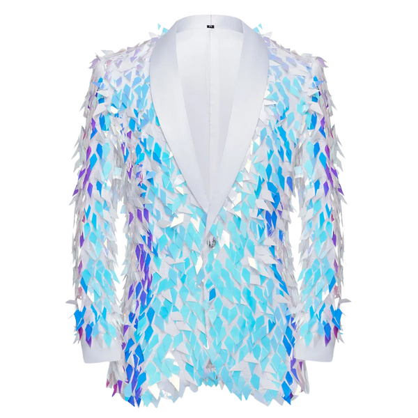Front-facing white jacket covered in blue, violet, and iridescent shard-like sequins