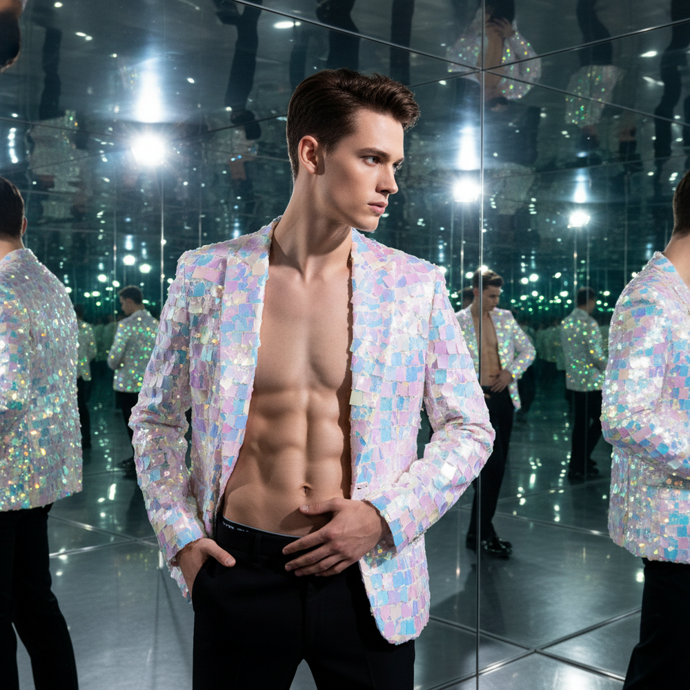 Front-facing model wearing an open pastel sequin jacket over black trousers