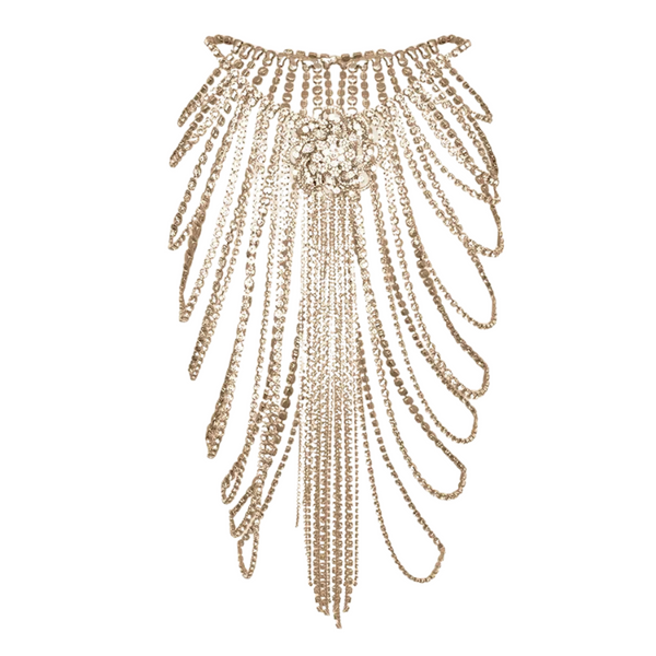 Gold-tone beaded chain-fringe skirt with a jeweled center and long tassel strands