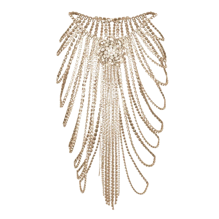 Gold-tone beaded chain-fringe skirt with a jeweled center and long tassel strands