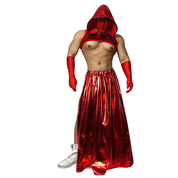 Front-facing model in a shiny red hooded crop top, gloves, and long skirt with white sneakers