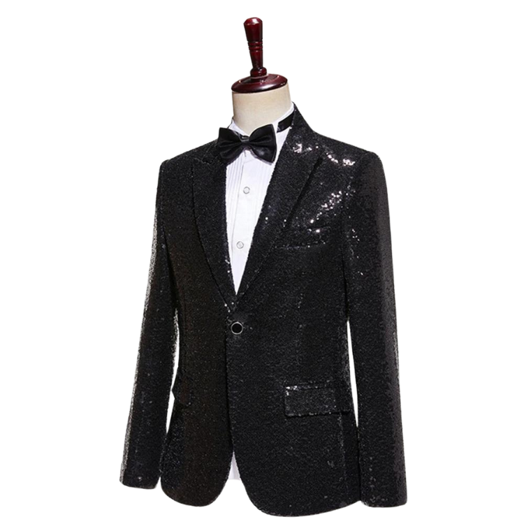 Front view of a black sequined tuxedo jacket on a mannequin with bow tie and shirt