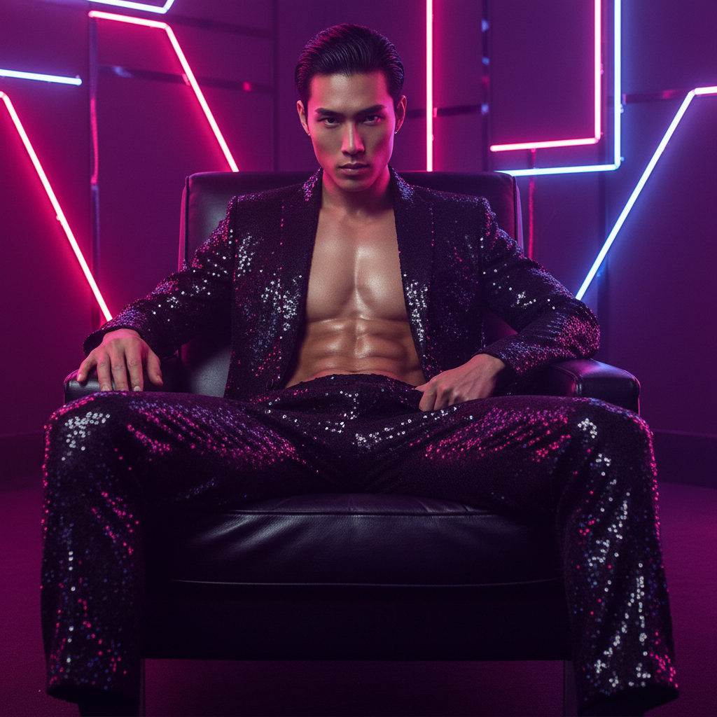 Seated person wearing a black sequined suit jacket and matching wide-leg trousers