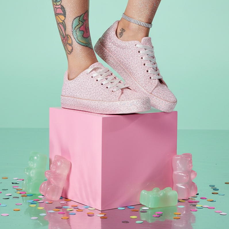 Glitteriffic lace-up sneakers and an anklet pop on a pink cube, with gummy bears and confetti on mint green