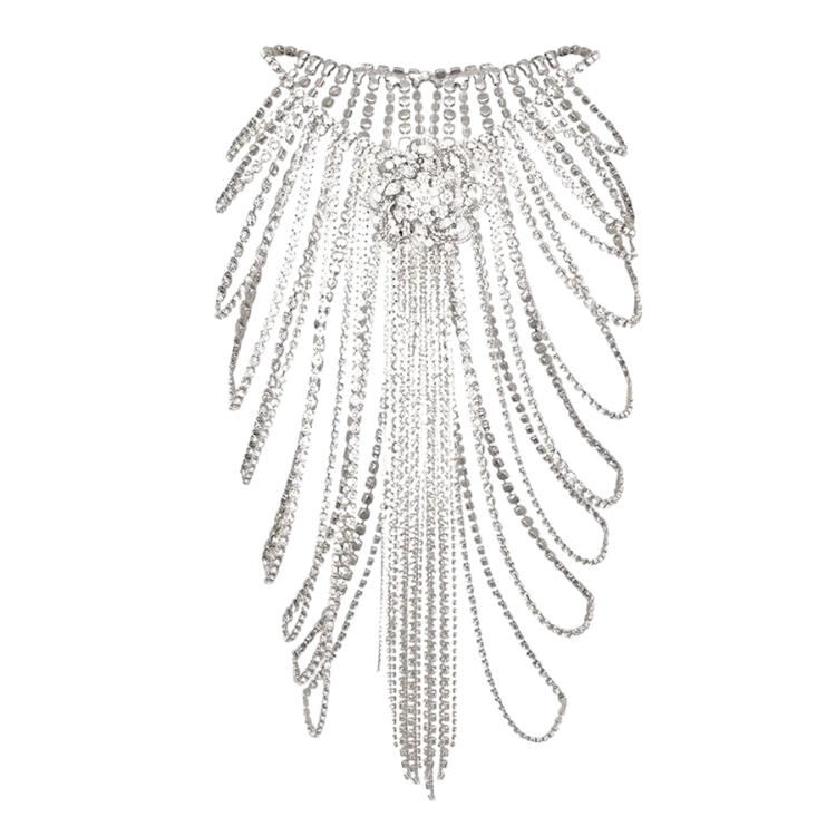 Silver rhinestone tassel skirt panel with a floral centerpiece, shown flat against white