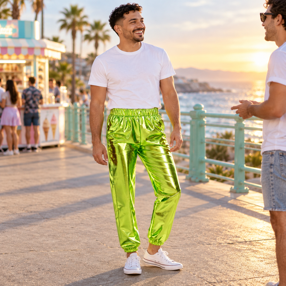 Glitzy High-Waist Holo Pants in Green.