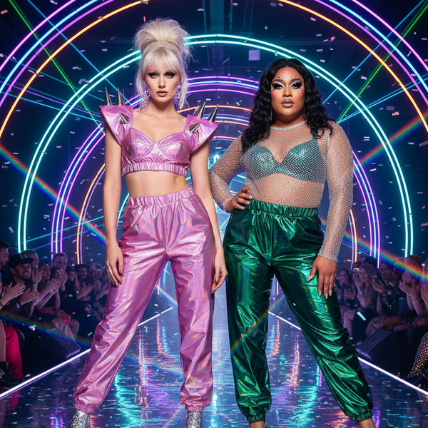 On a neon-lit runway, two models shine—one in pink crop top and pants, one in mesh top, green bra, Glitzy Holo Pants.