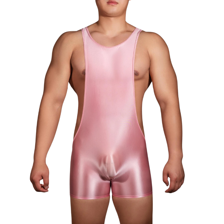 Front view of a model wearing a glossy pink sleeveless wrestling singlet with side cutouts