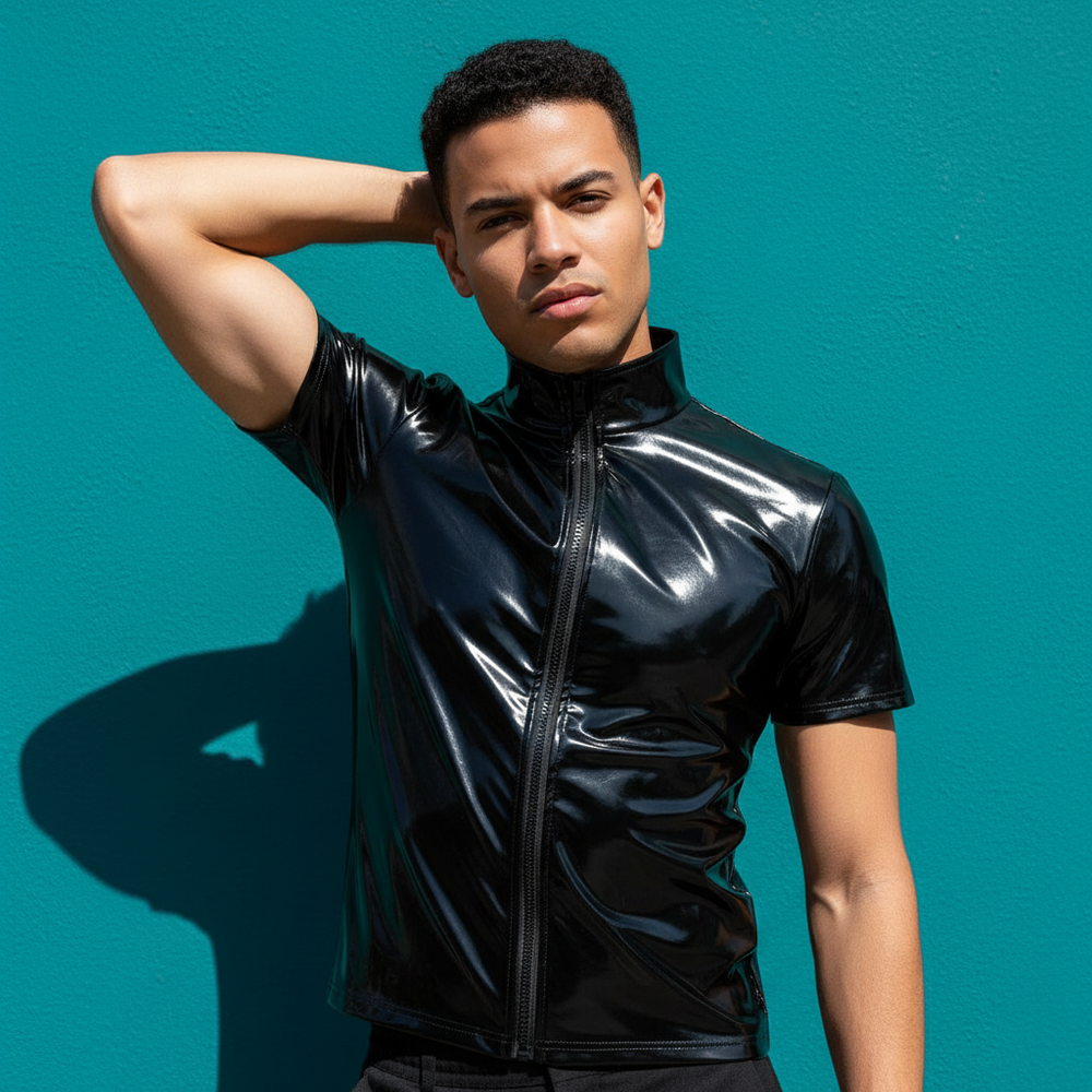 Model wearing a glossy black PVC short-sleeved top with a front zipper