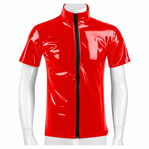 Front view of a glossy red PVC short-sleeved shirt on a white mannequin