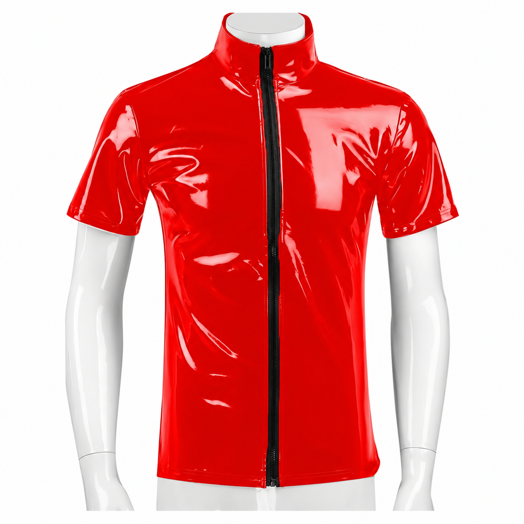 Front view of a glossy red PVC short-sleeved shirt on a white mannequin