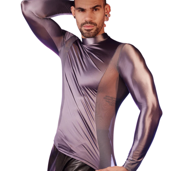 Model wearing a glossy purple mesh top with sheer side panels and long sleeves