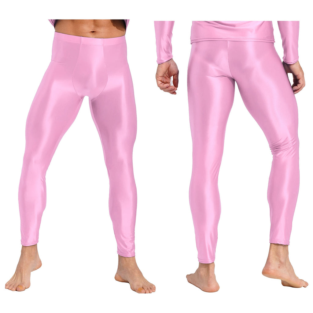 Front and back views of a model wearing glossy pink, close-fitting pants with ankle-length legs