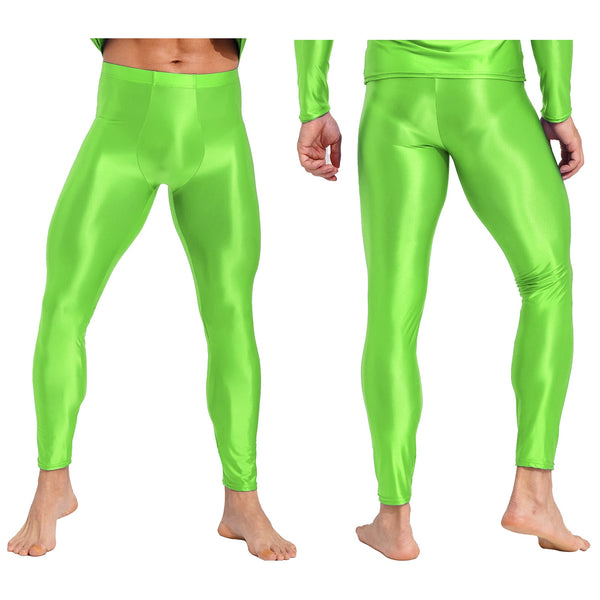 Front and back views of a model wearing glossy neon-green full-length leggings