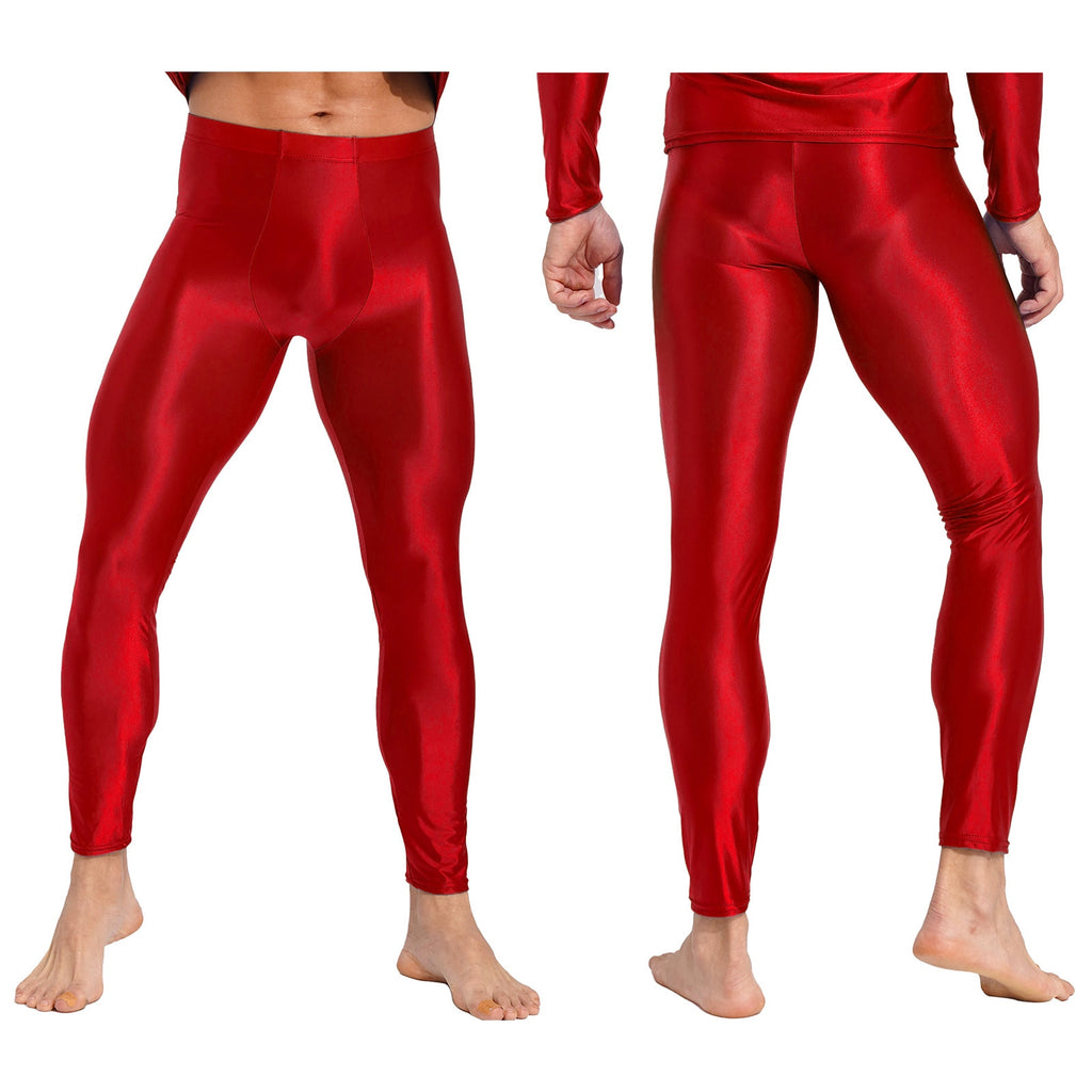 Front and back views of a model wearing glossy red full-length men's pants