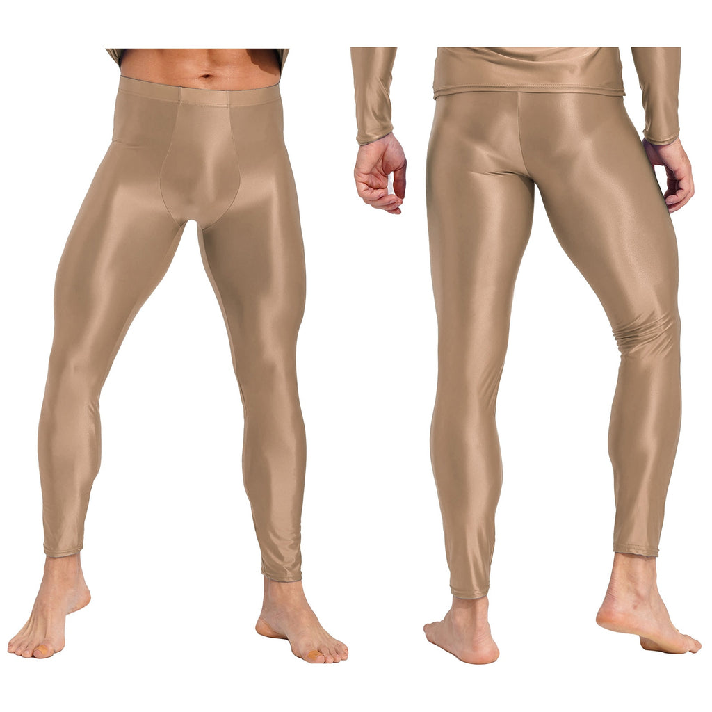 Front and back views of a tan glossy, close-fitting men's full-length bodysuit bottom