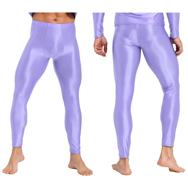 Front and back views of a person wearing glossy lavender full-length fitted pants