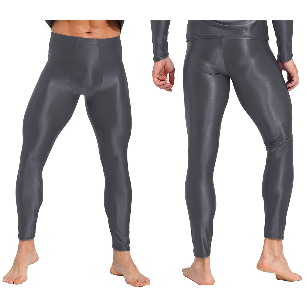 Front and back views of a person wearing glossy dark gray, form-fitting full-length pants