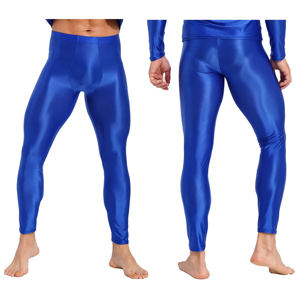 Front and back views of a model wearing shiny royal-blue full-length leggings