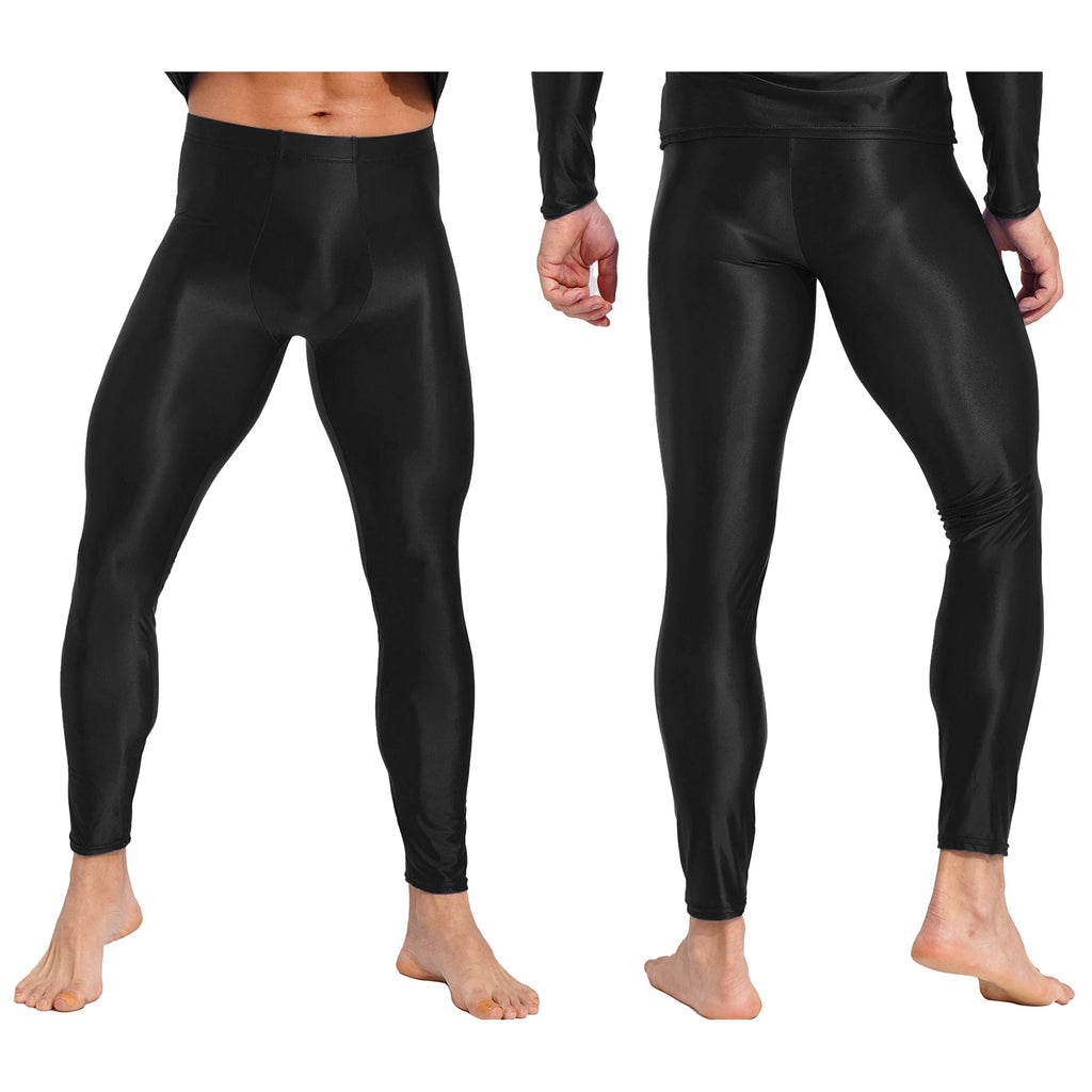Front and back views of a model wearing glossy black, form-fitting pants with a contoured front pouch