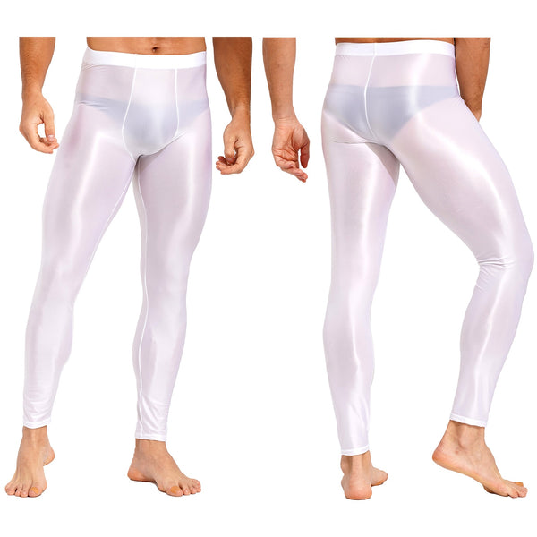 Front and rear views of a person wearing glossy, semi-transparent white full-length leggings