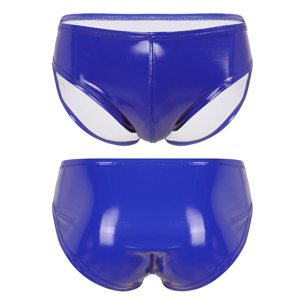 Front and back views of glossy royal-blue vinyl briefs with contrasting white side panels