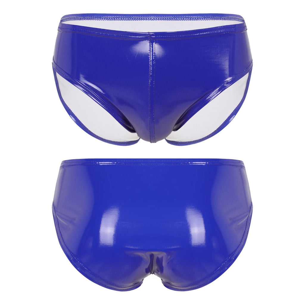 Front and back views of glossy royal-blue vinyl briefs with contrasting white side panels