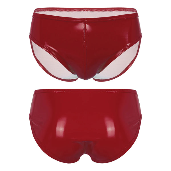 Front and back views of glossy red vinyl briefs with white side cutouts