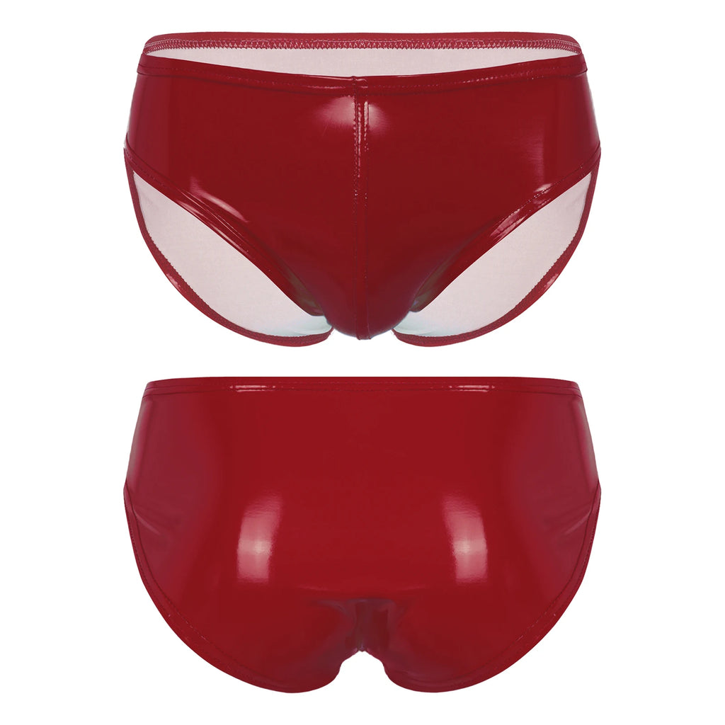 Front and back views of glossy red vinyl briefs with white side cutouts