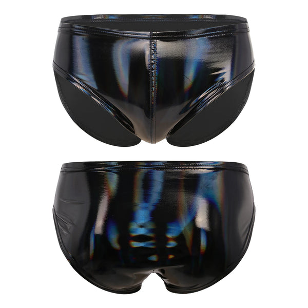 Front and rear views of glossy black vinyl-style brief panties on white