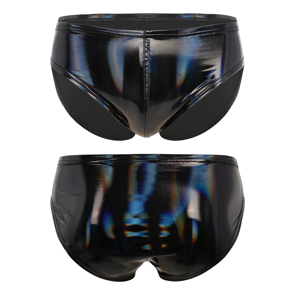 Front and rear views of glossy black vinyl-style brief panties on white