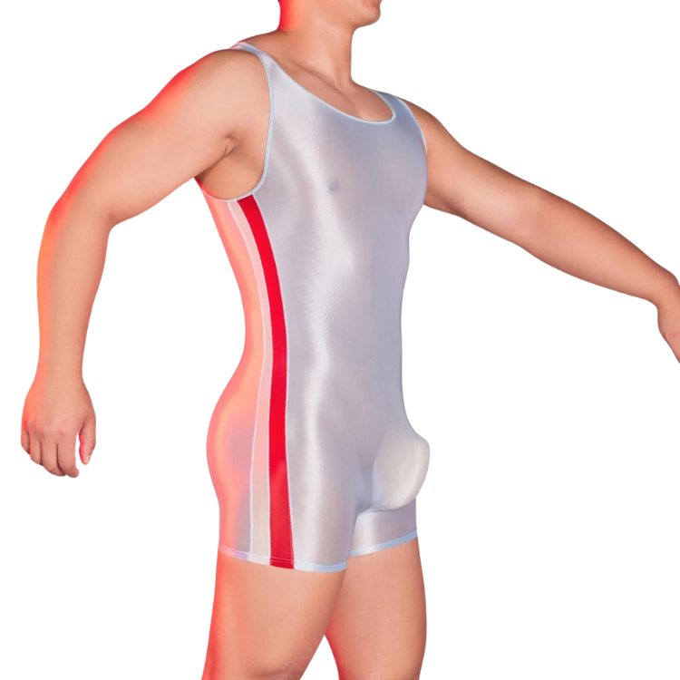 Cropped model wearing a shiny silver wrestling-style bodysuit with red side stripes