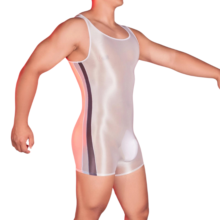 Front three-quarter view of a model wearing a translucent white wrestling-style bodysuit with dark side stripes