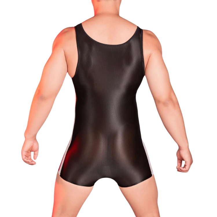 Back view of a model wearing a glossy black sleeveless wrestling-style bodysuit