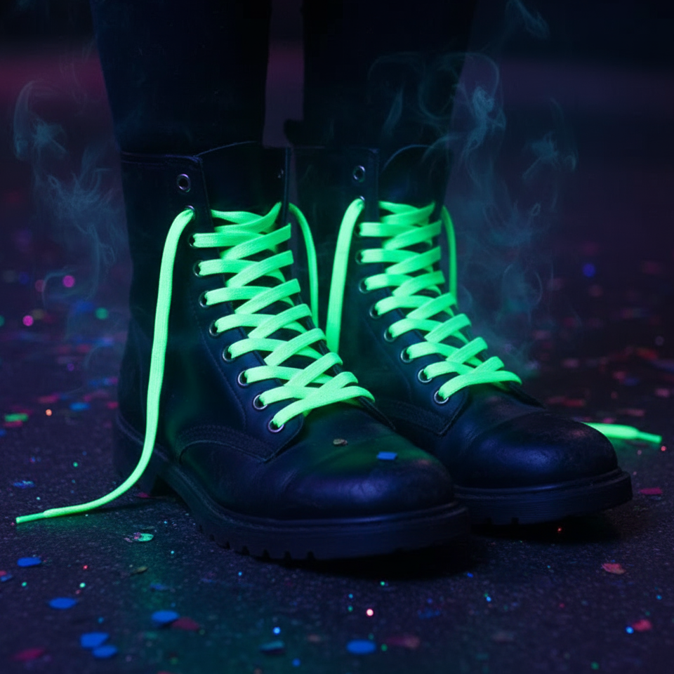 Black combat boots with bright neon-green glow-in-the-dark laces on a confetti-strewn floor