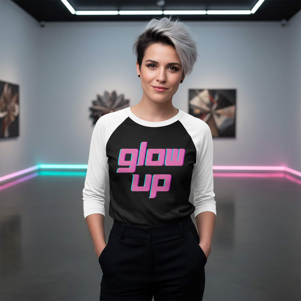 Glow Up 3/4 Sleeve Raglan Shirt with bold pink and purple text