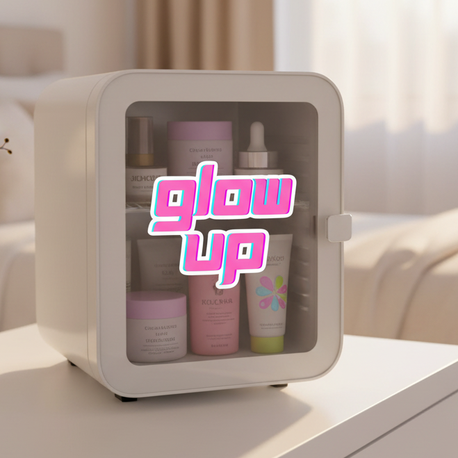 White mini skincare fridge on a table, decked with bold neon pink and white "glow up" stickers