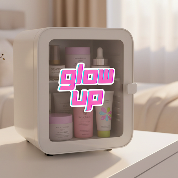 White mini skincare fridge on a table, decked with bold neon pink and white 