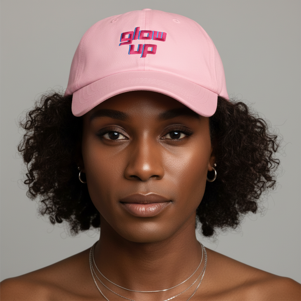 Pink embroidered dad hat with bold, colorful "glow up" text, worn by a curly-haired, medium-dark skin person