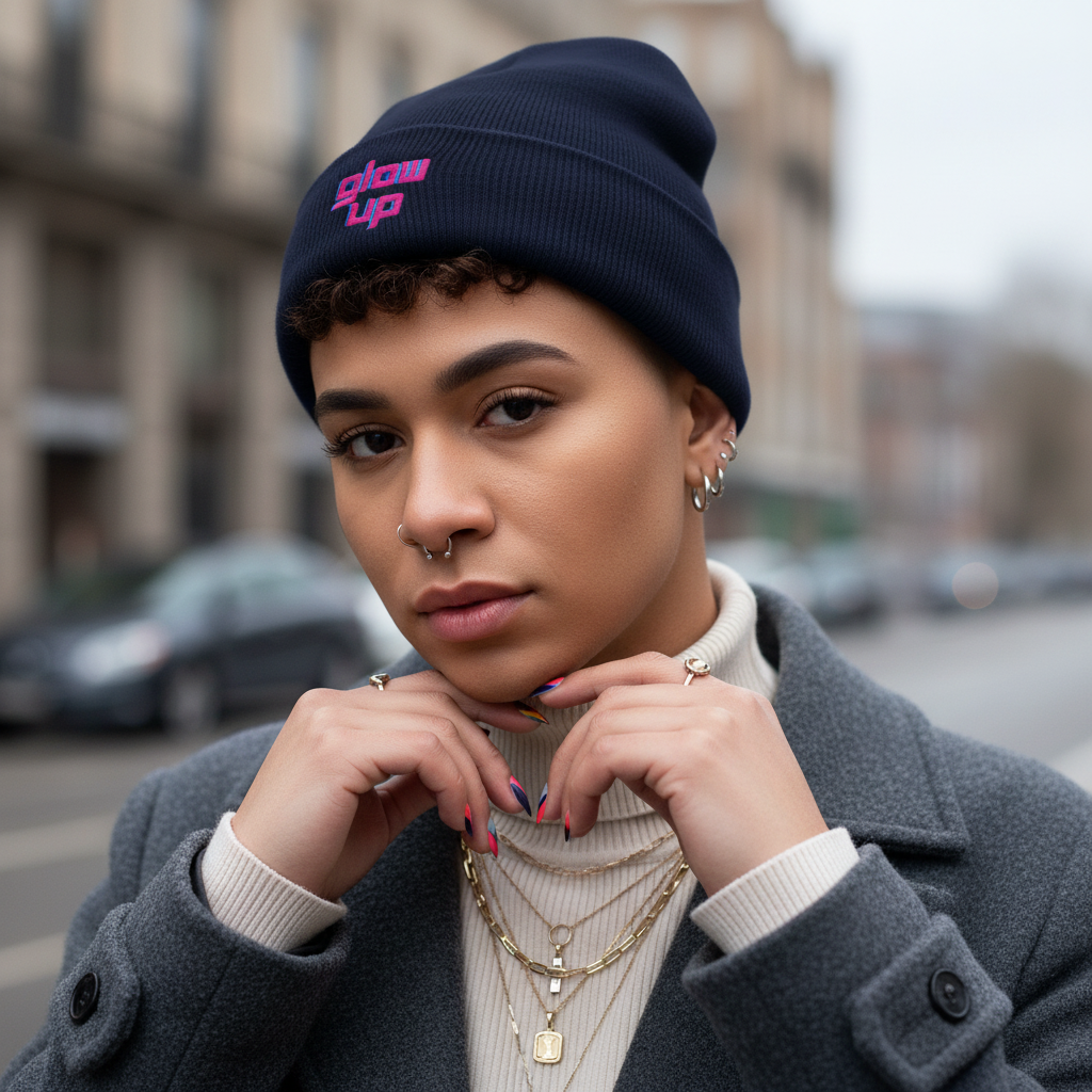 Glow Up Cuffed Beanie in navy with pink “Glow Up” text, styled on a femme in grey coat, cream turtleneck, gold chains, hoops