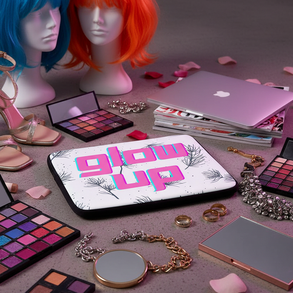 Glow Up Laptop Sleeve with feather designs and hot pink 